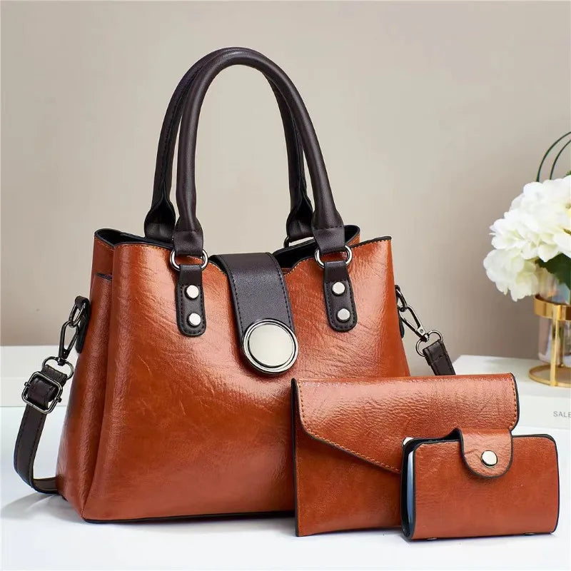 Fashion Three Piece Set Casual Tote Bags Vintage Leather Luxury Handbags Brand Designer Large Capacity Shoulder Messenger Bag
