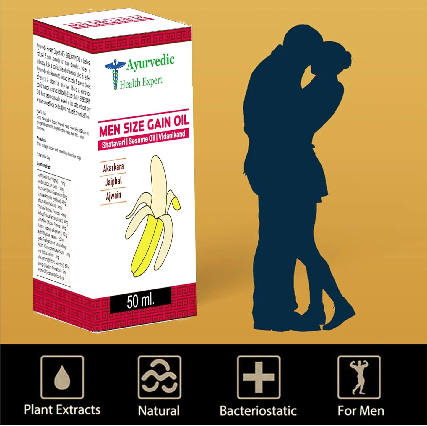 Men Size Gain Oil 50ml 100% Pure & Natural Herbal Massage Oil for Men Boosts Strength, Stamina & Vitality Chemical-Free