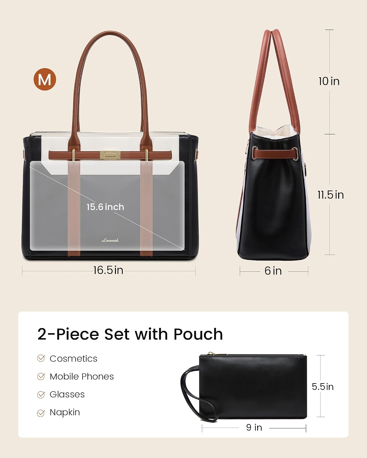 Tote Bag for Women, 2-in-1 Work Teacher Bags with Large Cup Holder, 15.6 Inch Waterproof Leather Computer Handbag Purse for Office, Business, College