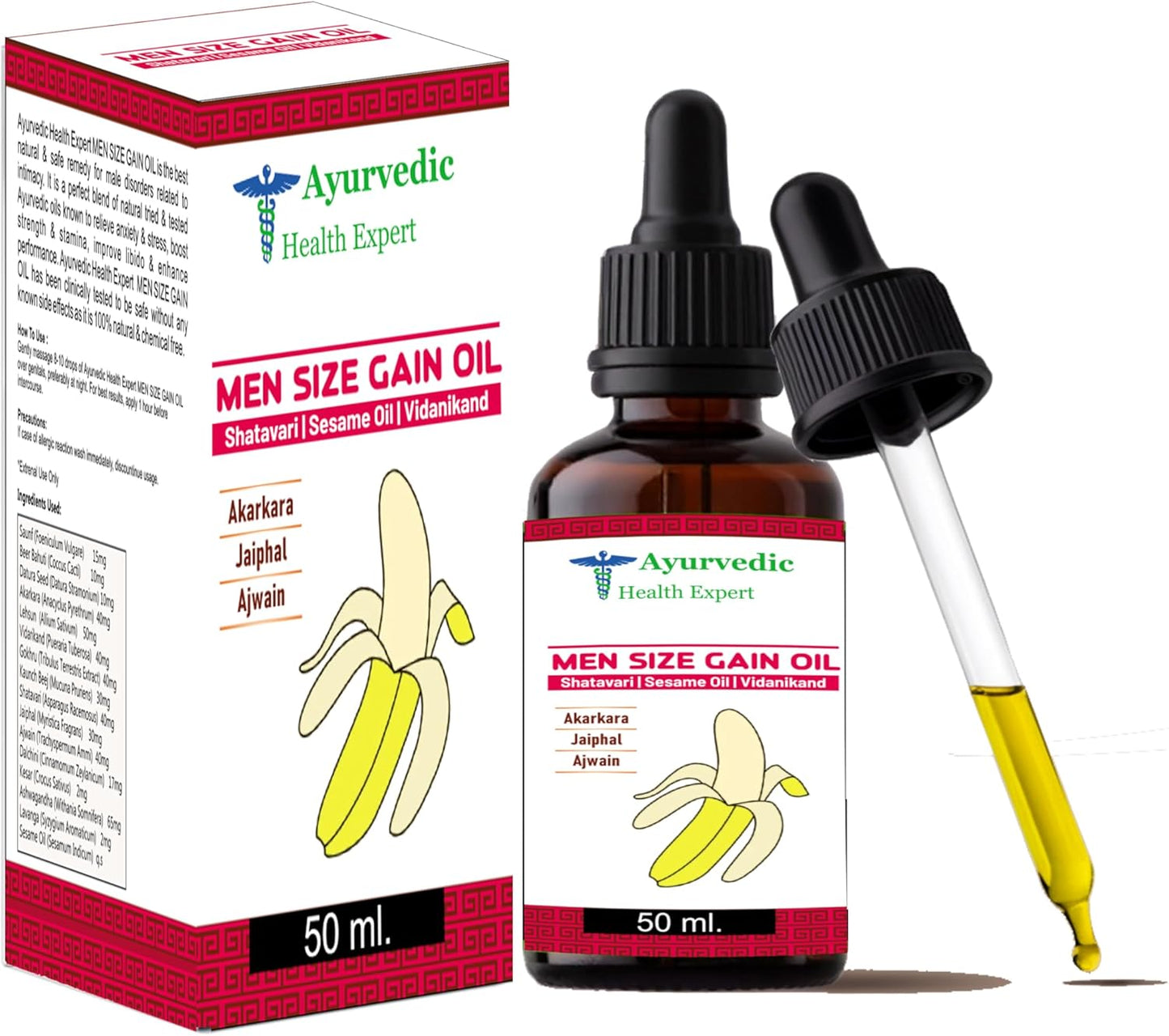 Men Size Gain Oil 50ml 100% Pure & Natural Herbal Massage Oil for Men Boosts Strength, Stamina & Vitality Chemical-Free