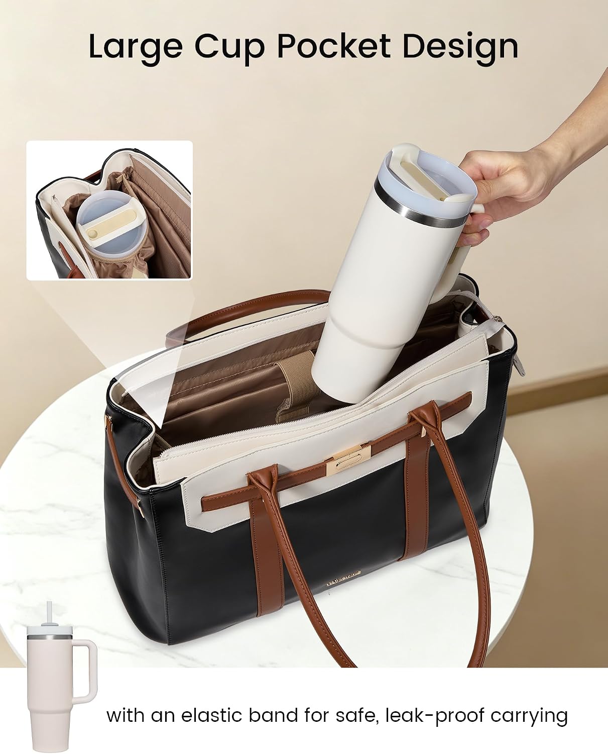 Tote Bag for Women, 2-in-1 Work Teacher Bags with Large Cup Holder, 15.6 Inch Waterproof Leather Computer Handbag Purse for Office, Business, College