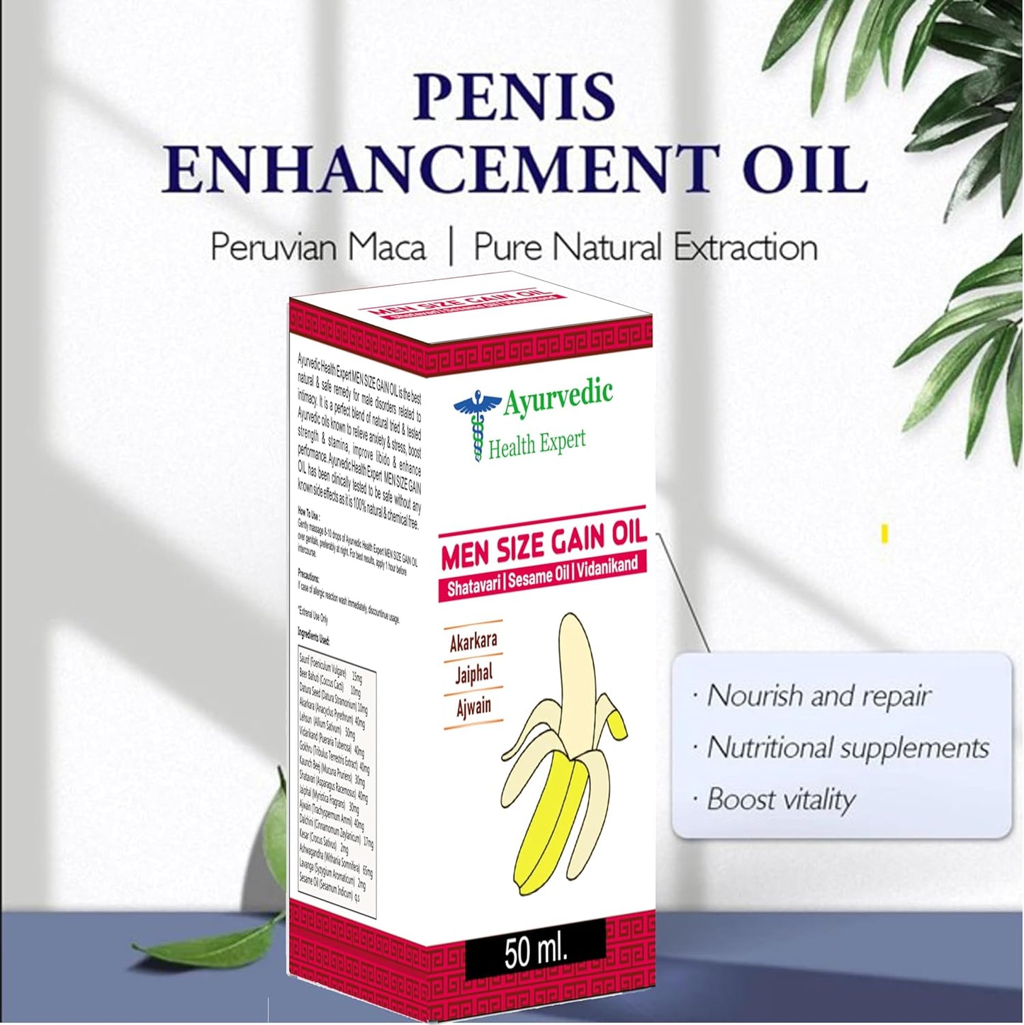 Men Size Gain Oil 50ml 100% Pure & Natural Herbal Massage Oil for Men Boosts Strength, Stamina & Vitality Chemical-Free